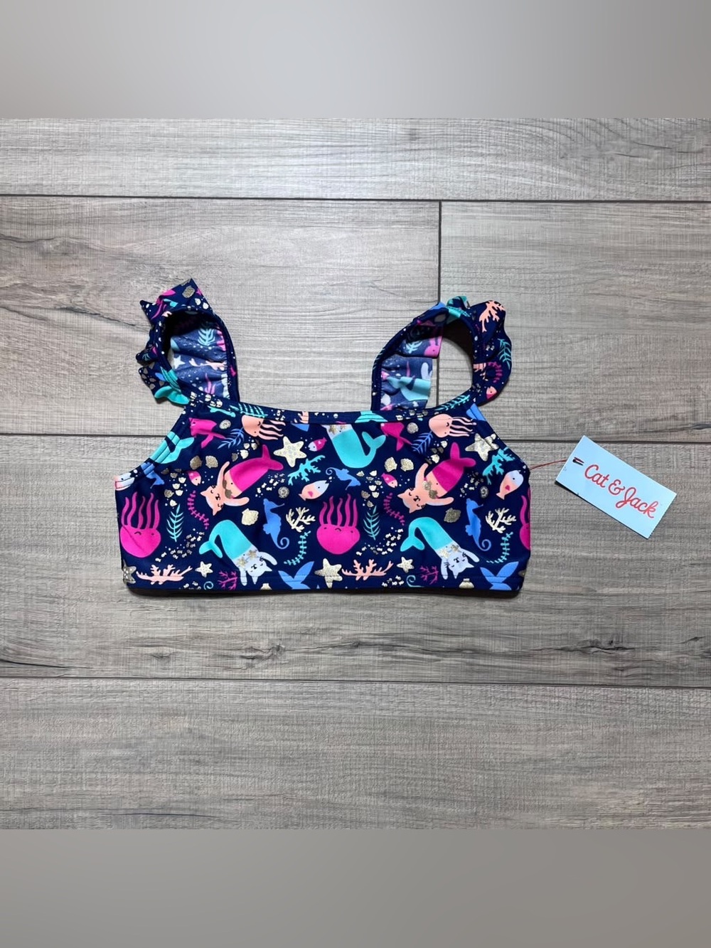 Cat & Jack Girls Mermaid Cat Print Bikini Top Size Large 10/22 Navy Blue